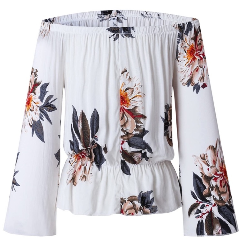 Off Shoulder Flare Sleeve Elastic Waist Crop Top - Picture 4 of 5